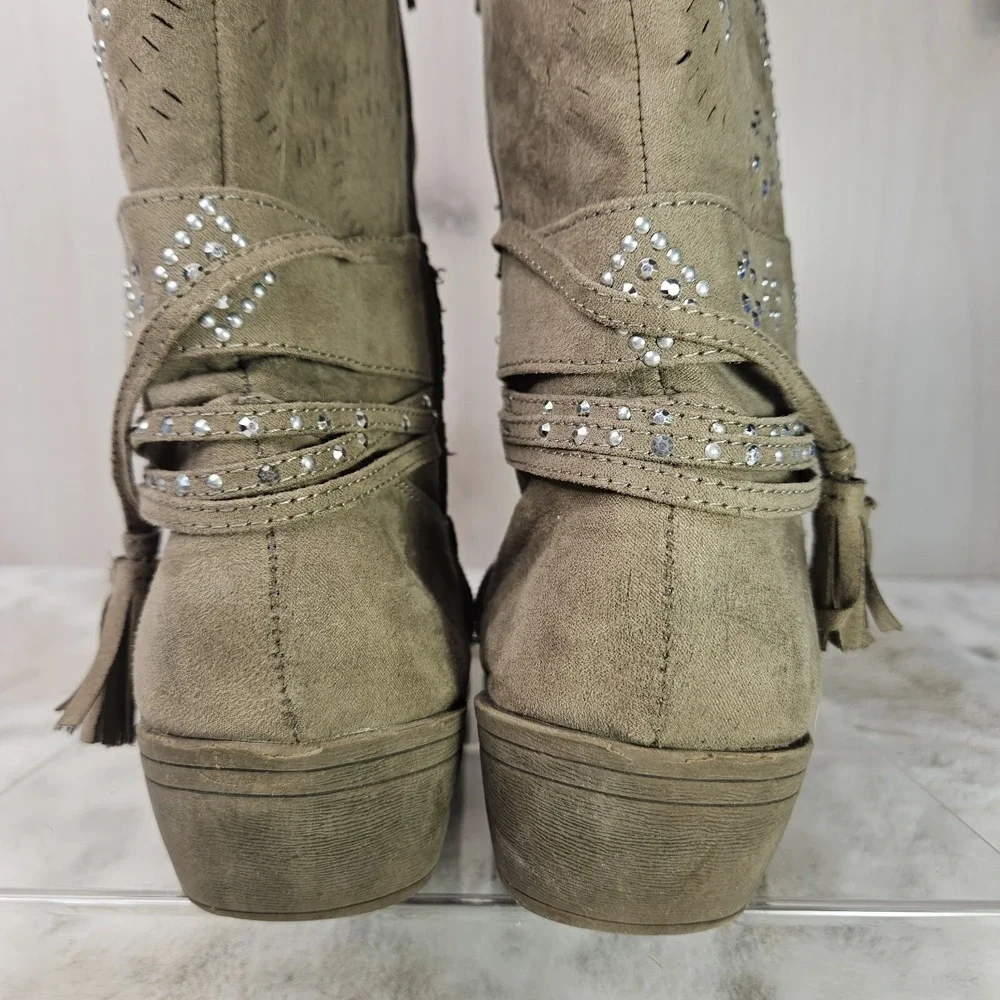 Justice Teen Girls Western Boots Size 8 Brown Tassels Bling Stitching Zip Close